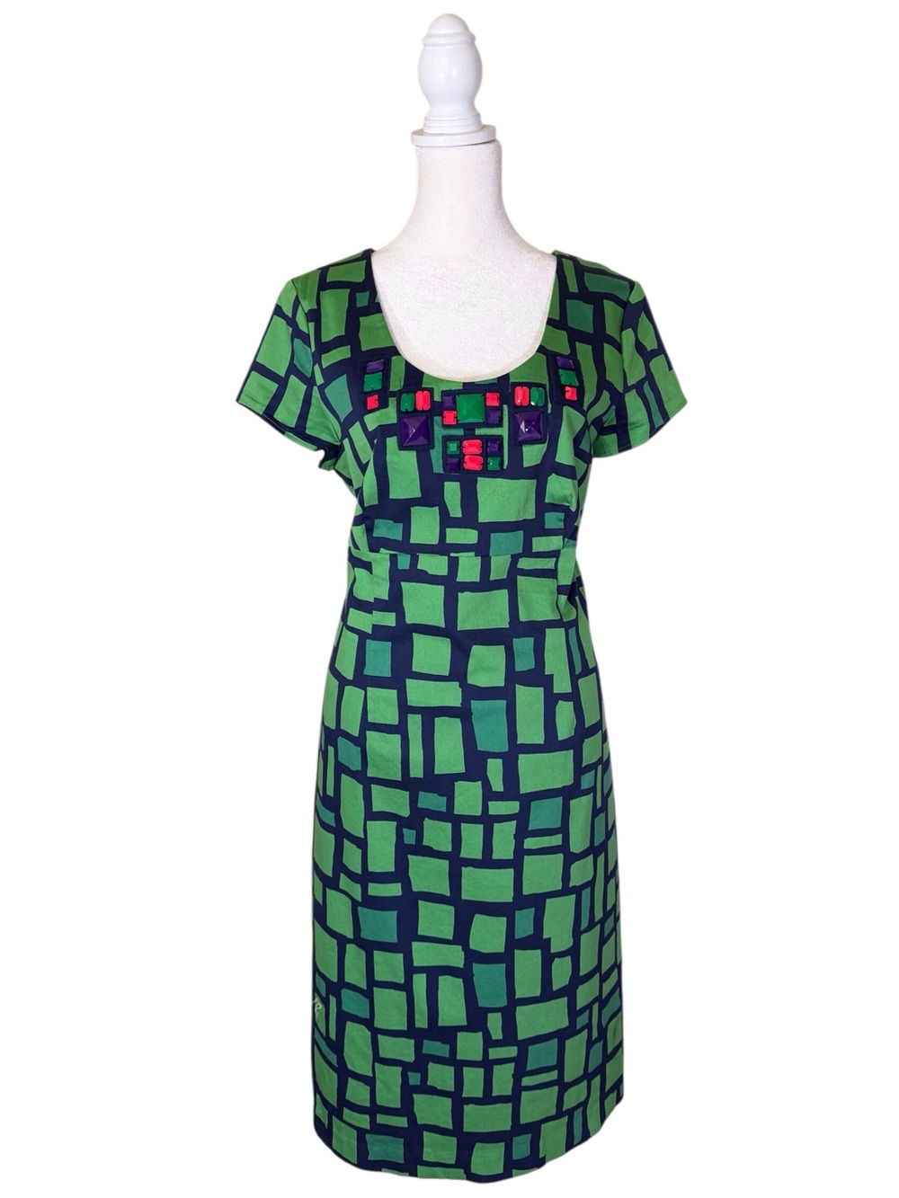 This Boden geometric green/navy print shift dress  w/jewel embellishment size 12